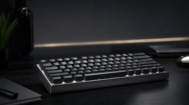 A sleek mechanical keyboard featuring dark keycaps and subtle backlighting, placed on a dark wooden desk inside a modern minimalist workstation or gaming setup