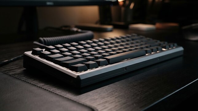 Detailed close-up view of a custom mechanical keyboard with dark keycaps and a metallic frame on a neat dark office desk, highlighting tech gear and modern workspace aesthetics