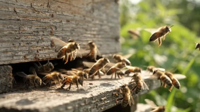 Honeybees swarming at wooden beehive entrance, bees flying in and out of hive in slow motion, natural beekeeping