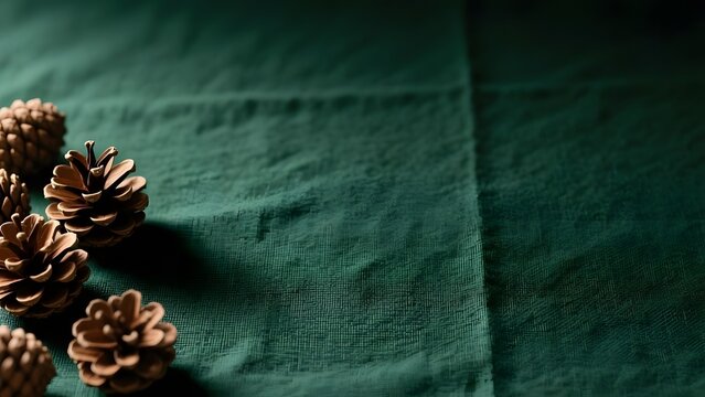 Rustic pine cones on green linen fabric background, moody Christmas holiday backdrop, festive seasonal copy space