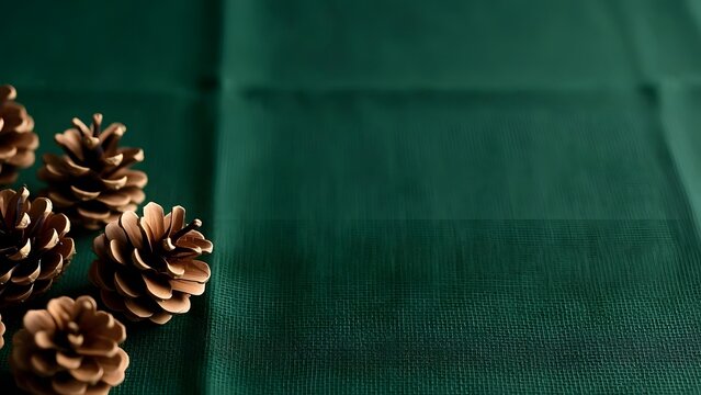Rustic pine cones on dark green fabric background, festive holiday copy space banner, winter season decoration