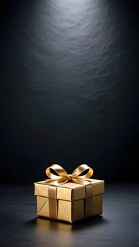 Luxury golden gift box with satin ribbon, elegant gold present on dark background, premium holiday package under spotlight, festive luxury background