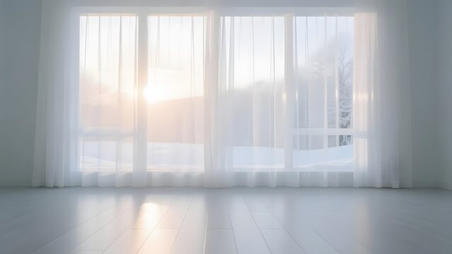 Minimalist empty room with large window and white curtains, bright morning sun light through sheer fabric, clean interior design background