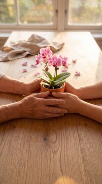 Elderly and young hands gently cradle a pink Phalaenopsis orchid in a wooden kitchen table setting, soft natural light, fallen petals, beige linen warm backdrop