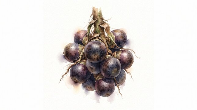 Watercolor illustration of a fresh acai berry cluster, perfect for juice packaging, superfood marketing, health blogs, and organic food design.