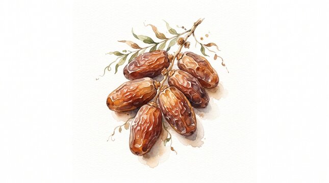 Watercolor dried date fruit cluster illustration for product packaging, food menus, Ramadan banners, textile prints, and wall art decor.