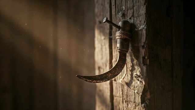 Old rusty sickle hanging on weathered wooden wall with shadows and warm lighting