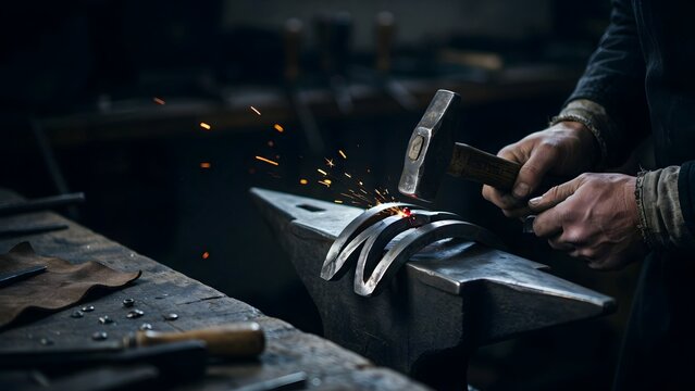 Skilled blacksmith shaping metal with hammer and anvil in workshop