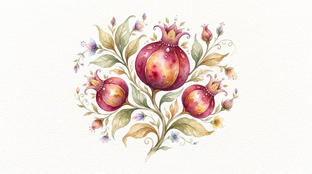 Watercolor pomegranate illustration with floral leaves