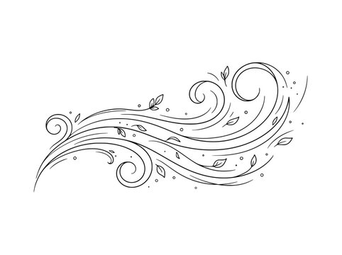 Minimalist wind gust line art vector, hand drawn swirling breeze with flying leaves, elegant black and white air flow motion illustration
