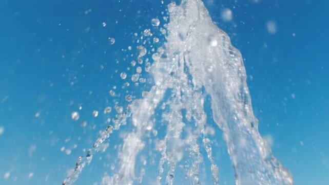 Water stream erupting against a clear blue sky captured with dynamic cinematic motion