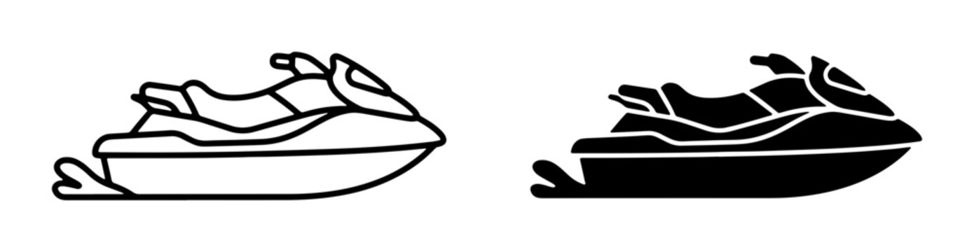 Jet Ski Icons, Personal Watercraft Vector Graphics, Water Sports Transportation Symbols, Outline and Silhouette Styles