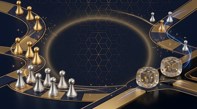 Luxury board game concept with gold and silver pawns, strategic business pathway illustration, interactive gaming background