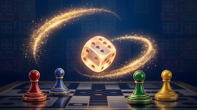 Magical glowing dice floating over board game, colorful game pieces on ludo board, cinematic fantasy tabletop gaming concept with golden light trails
