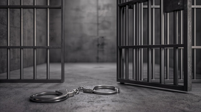Open prison cell door with metal handcuffs on concrete floor. Criminal justice system and incarceration concept.