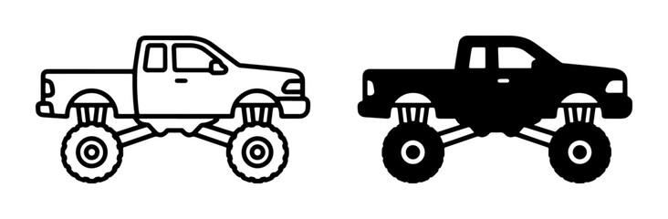 Monster Truck Icons, Off-Road Vehicle Silhouettes, Lifted Pickup Truck Graphics, Extreme Sports Transportation Vector Art © Saifa