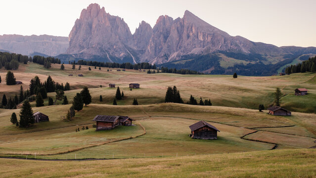 Seiser Alm, Alpe di Siusi in the Dolomites, Italy, showcases stunning alpine scenery with rolling green hills and traditional wooden chalets set against breathtaking mountain peaks.