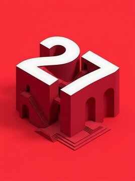 Isometric 3D typography of number 27 with architectural stairs
