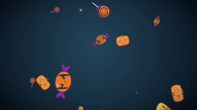 Kawaii halloween candies falling and swaying against a dark starry midnight background animated loop motion