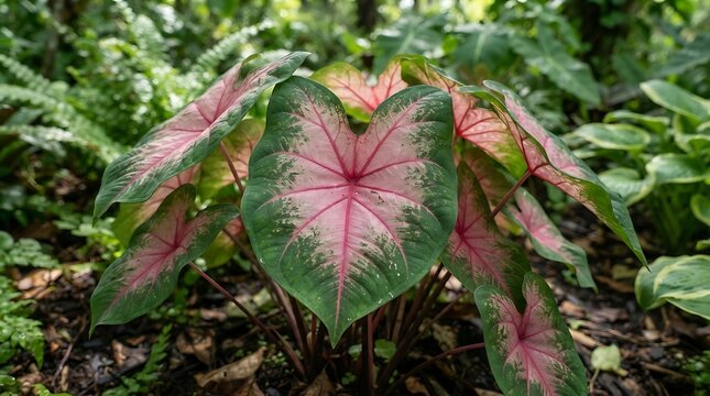 Heart shaped pink and green caladium leaves