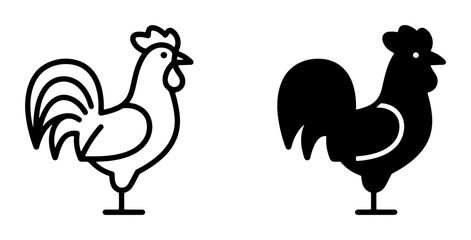 Obraz premium Rooster Icons: Simple Outline and Bold Silhouette Vector Graphics, Farm Animal Symbols for Rural Themes, Poultry and Livestock Design Elements