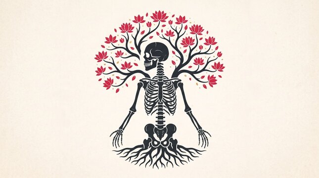 Skeleton tree with pink flowers illustration