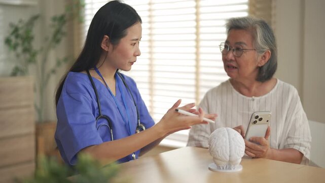 Asian female doctor explaining an brain anatomical model to a senior woman while she holds a smartphone during a home consultation.