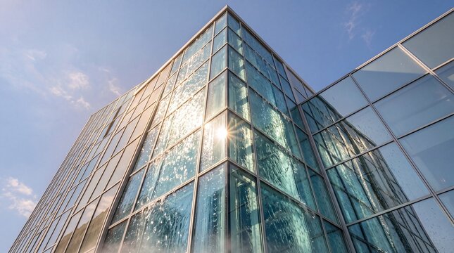 Modern Glass Office Building Facade with Flowing Water Feature