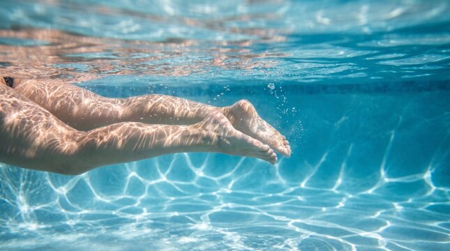 Swimmer relaxing underwater in sunlit pool with rippling light patterns