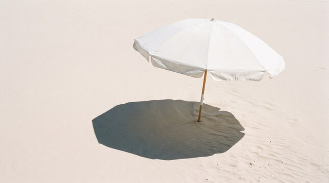 White beach umbrella casting shadow on sand, minimalist sunny day