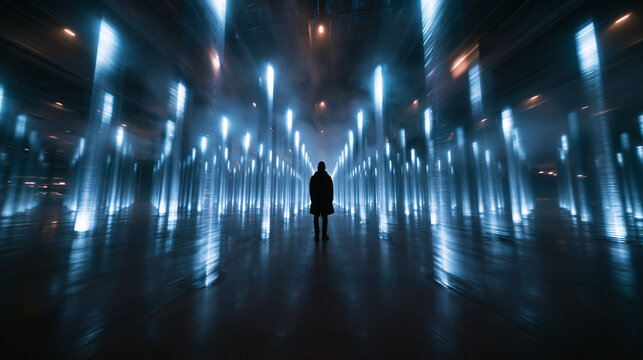 Silhouette of Person Standing in Futuristic Digital Light Installation