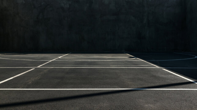 Empty Outdoor Sports Court with White Lines in Dramatic Light