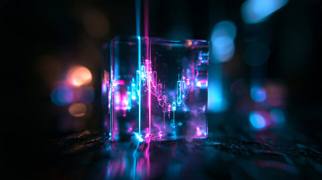 Financial Candlestick Chart Frozen Inside Glowing Ice Cube