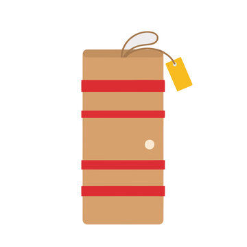 Brown cylindrical package with red bands and yellow tag