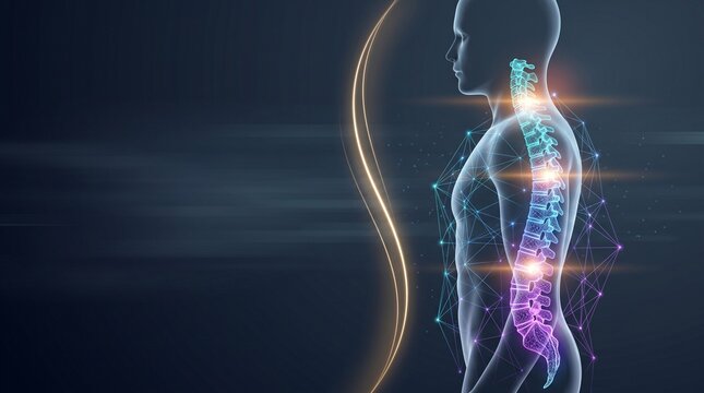 Human spine with glowing nervous system and energy flow