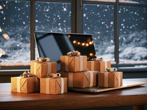Christmas gifts lying on a laptop keyboard in warm, cozy light, creating a festive Christmas atmosphere, with snow falling outside the window., online shopping, ordering Christmas gifts, e-commerce.