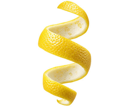 Fresh yellow lemon peel spiral isolated on transparent