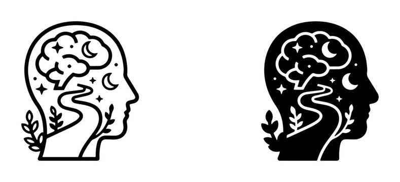 Mindscape Journey Vector Icons: Brain, Path, Stars, Moon, Night Sky, Silhouette Head, Inner World, Consciousness, Creativity, Imagination