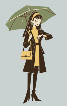 Retro woman with umbrella vector illustration. Stylized cartoon girl in vintage autumn coat and boots looking at wristwatch under rain. 1950s mod or rockabilly fashion character isolated