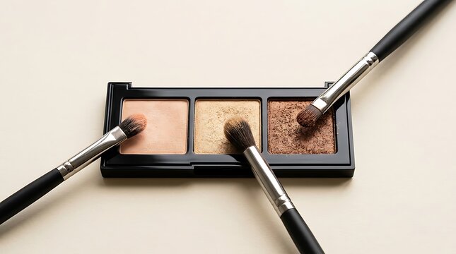 Three professional makeup brushes touching a brown powder contour palette for face and skin sculpting. shimmer eyeshadow tips
