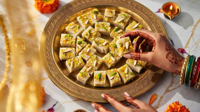 Traditional Indian sweets platter for Dussehra celebration with festive mithai and marigold decor, Vijayadashami gifting ritual with family hospitality and auspicious festive food
