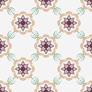 Seamless floral pattern with outlined five-petal blossoms, delicate pink inner details and small green leaf motifs, spaced across a light background in an airy ornamental arrangement.