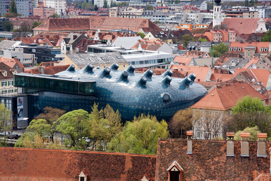 Graz, Austria - April 13. 2012: Birdview of the town center with the modern Kunsthaus Graz, an exhibition centre for modern arts, Graz, Austrian