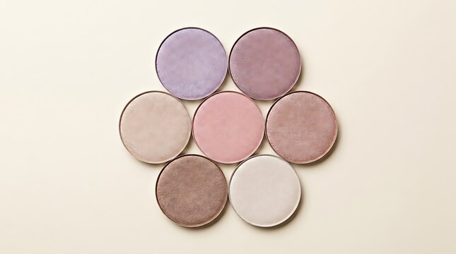 Set of round colorful eyeshadow makeup pans arranged in a flower shape on a light neutral background. shimmer eyeshadow tips