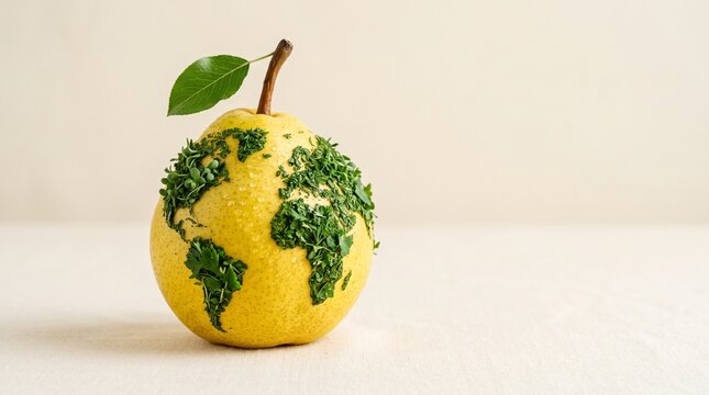 Pear with world map and green leaves