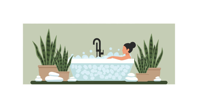 Minimalist Illustration of a Woman Relaxing in a Bubble Bath with Indoor Plants and Zen Stones