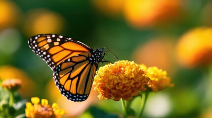 Obraz premium Close-up of vibrant orange and black butterfly perched on bright yellow flower collecting nectar in natural garden setting with blurred background
