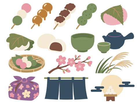 団子 だんご 和菓子 日本 和スイーツ 甘味 串団子 みたらし 三色団子 よもぎ 餅 大福 柏餅 桜餅 抹茶 日本茶 伝統 グラフィック イラストセット