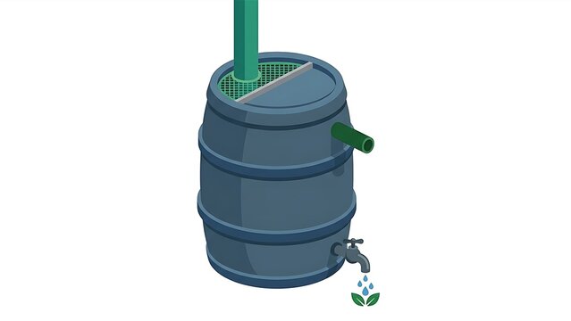Minimal Flat 2.5D Vector Rainwater Harvesting Collection Barrel Tank with Filter Screen and Tap for Water Conservation Isolated on White Background