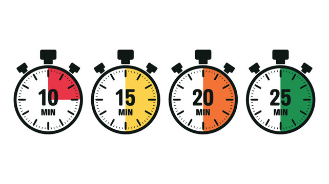 Stopwatch timer icons set featuring ten, fifteen, twenty, and twenty-five minute symbols for countdowns, scheduling, time management, time tracking, and planning